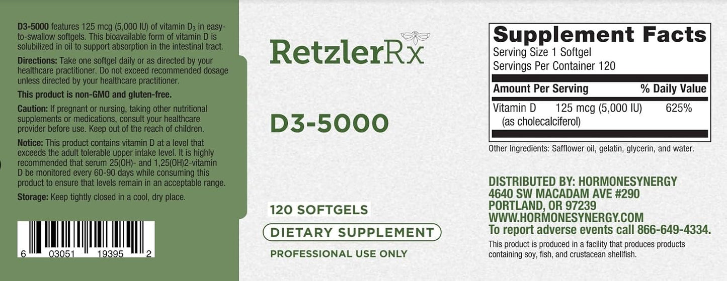 HormoneSynergy D3-5000 by Dr. RetzlerRx - 120 Softgels - High Potency Bio-available Vitamin D3 - görsel 2