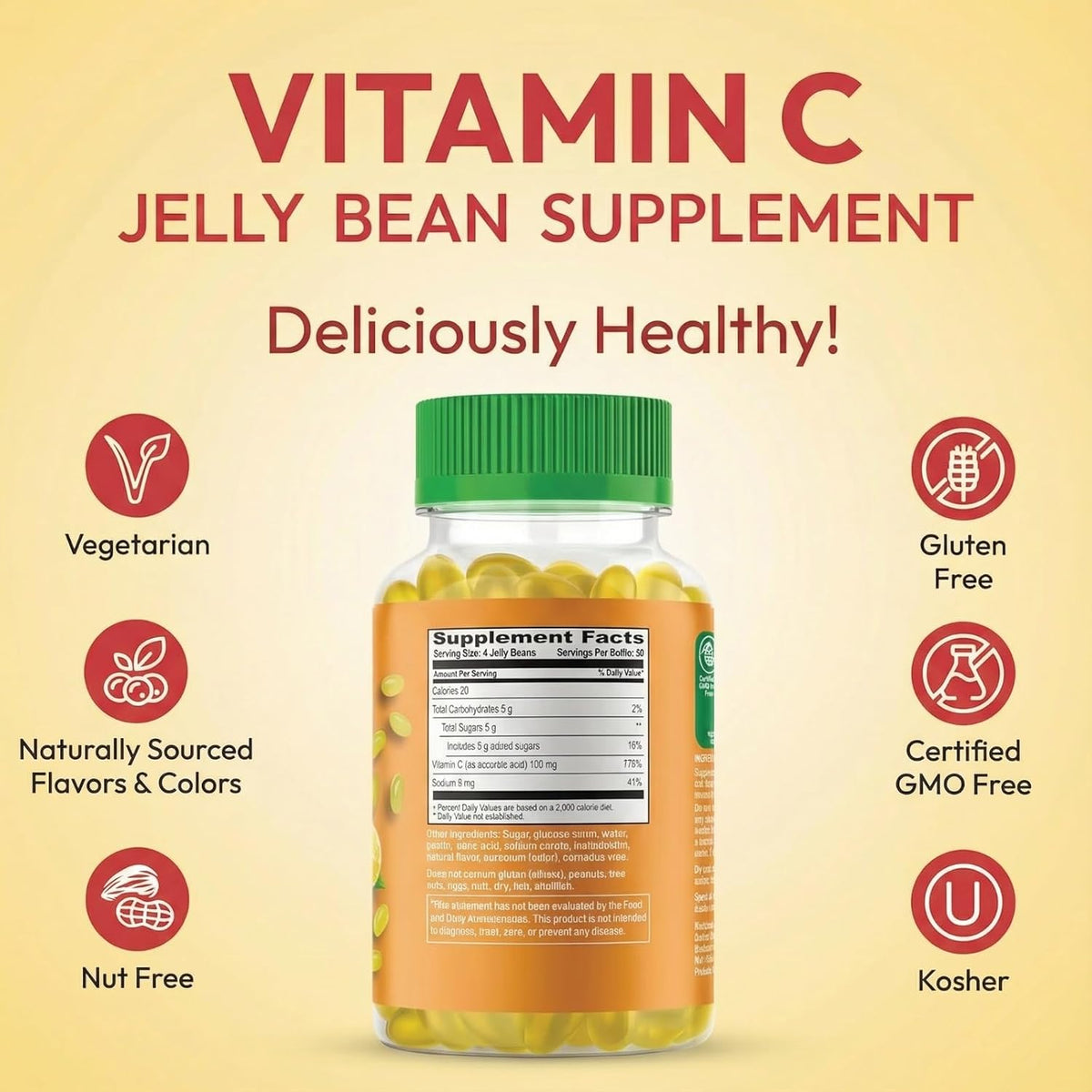 Human Beanz Vitamin C Jelly Bean Gummies for Adults, Immune Support Food Supplements, Vegetarian, 120 Citrus Blast Jelly Beans, Kosher - görsel 7