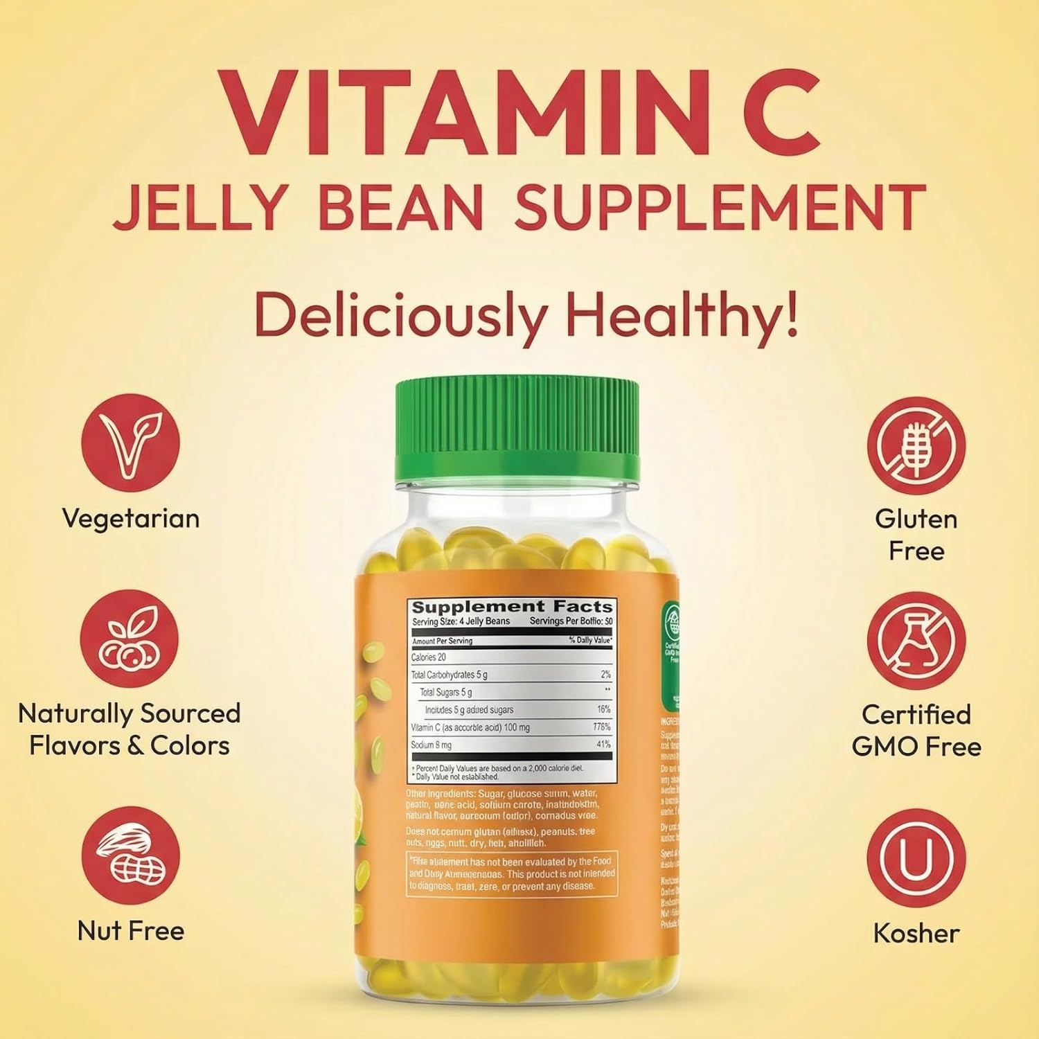 Human Beanz Vitamin C Jelly Bean Gummies for Adults, Immune Support Food Supplements, Vegetarian, 120 Citrus Blast Jelly Beans, Kosher - görsel 7