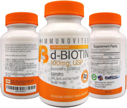 IMMUNOVITES High-dose Biotin 100mg (100,000mcg) - 3-Pack, 90 Capsules Each