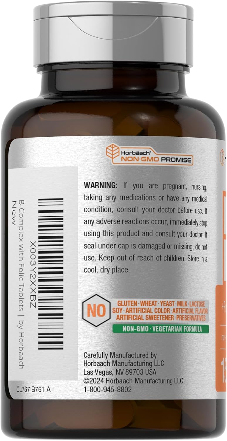 Horbaach B Complex Vitamins – High Strength with Folic Acid & Vitamin C, 150 Caplets - görsel 3