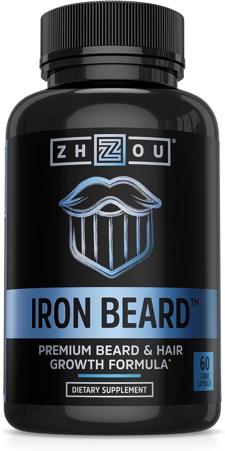 Zhou Iron Beard - Beard Growth Vitamins for Men, Premium Biotin, Saw Palmetto & B Vitamins for Facial Hair Support - 60 Veggie Capsules - görsel 1
