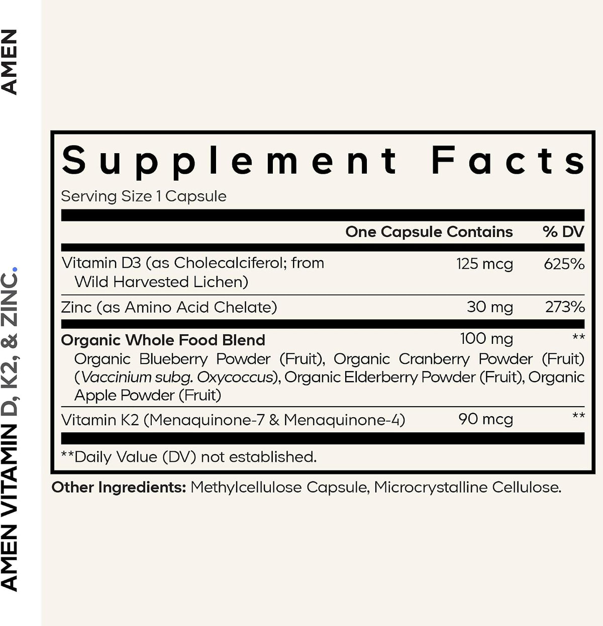 Amen Vitamin D, K2 & Zinc – 5000 IU D3, 90 mcg K2, 30 mg Zinc – Vegan, Non-GMO, Organic Whole Food Blend – 60 Capsules - görsel 2