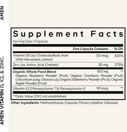 Amen Vitamin D, K2 & Zinc – 5000 IU D3, 90 mcg K2, 30 mg Zinc – Vegan, Non-GMO, Organic Whole Food Blend – 60 Capsules