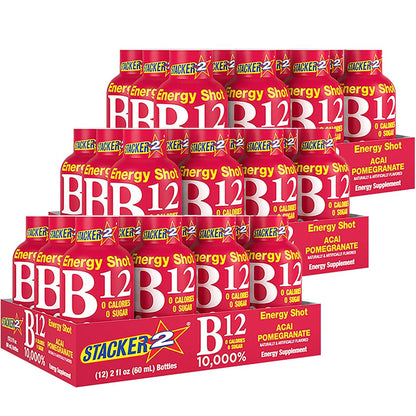 Stacker 2 Vitamin B Complex B12 B6 B3 Liquid Energy Shots - Vegan Safe Bundle Pack (60 ml, 24 Count)