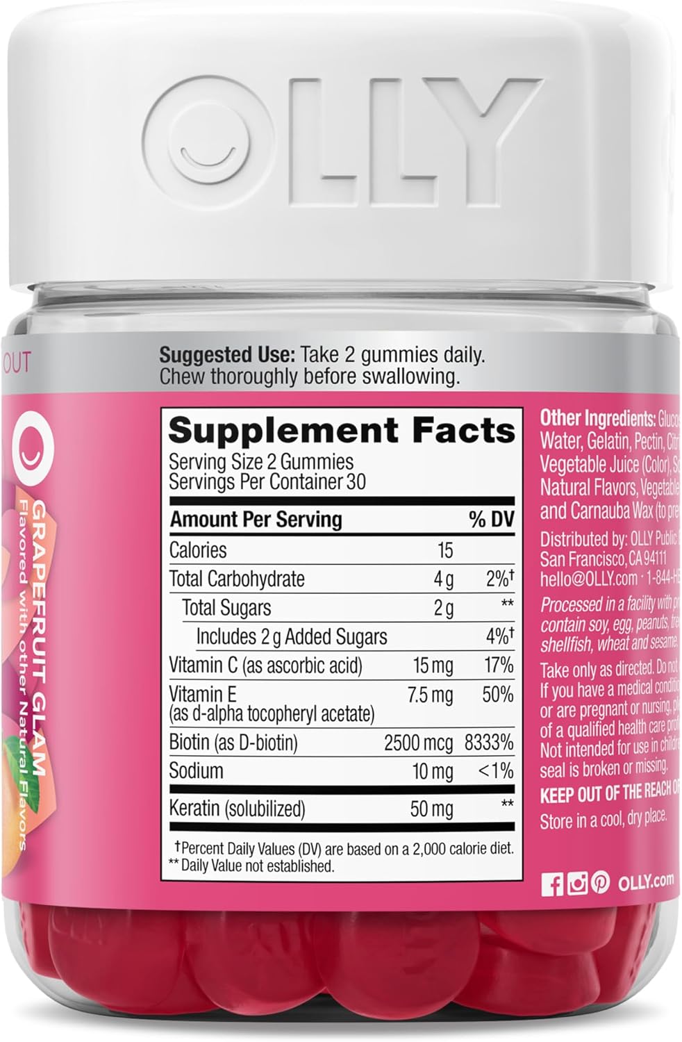 OLLY Hair, Skin and Nails Gummies - Biotin 2500mcg, Keratin & Vitamin C - Grapefruit Flavour - 60 Count - görsel 10