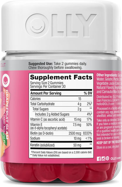 OLLY Hair, Skin and Nails Gummies - Biotin 2500mcg, Keratin & Vitamin C - Grapefruit Flavour - 60 Count
