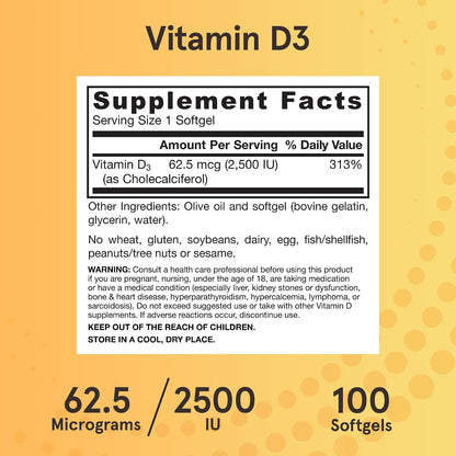 Jarrow Formulae Vitamin D3 62.5 mcg (2,500 IU) Softgels – 100 Count
