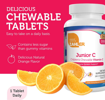 Zahler Junior C Advanced Chewable Vitamin C for Kids - Immune Support in Delicious Orange Flavour - Kosher Chewable Antioxidant (180 Count)