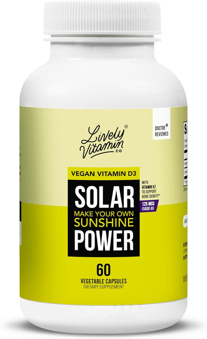 LIVELY VITAMIN CO. Solar Power Vitamin D3 5000 IU with Patented Vitamin K2 MK-7 - 60 Capsules