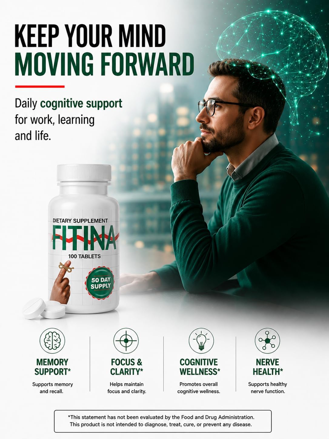 Fitina Brain Supplement – High-Dose B Vitamins for Memory and Focus, 100 Tablets (50 Servings) - görsel 8