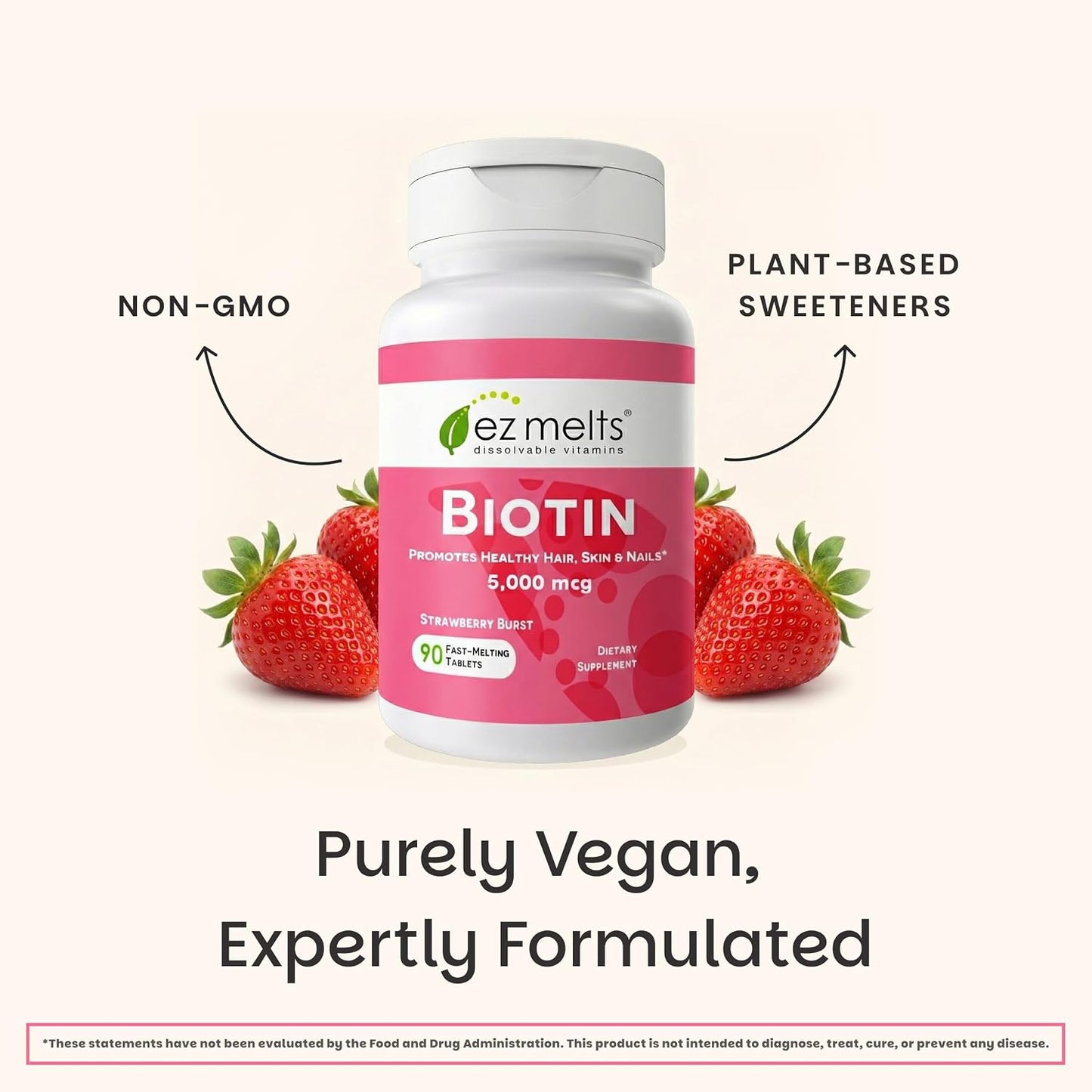 EZ Melts Biotin 5,000 mcg Dissolvable Tablets - Strawberry Burst (90 Tablets) - görsel 6
