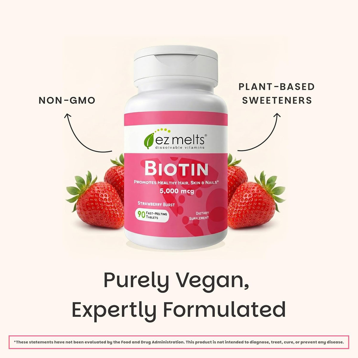 EZ Melts Biotin 5,000 mcg Dissolvable Tablets - Strawberry Burst (90 Tablets) - görsel 6