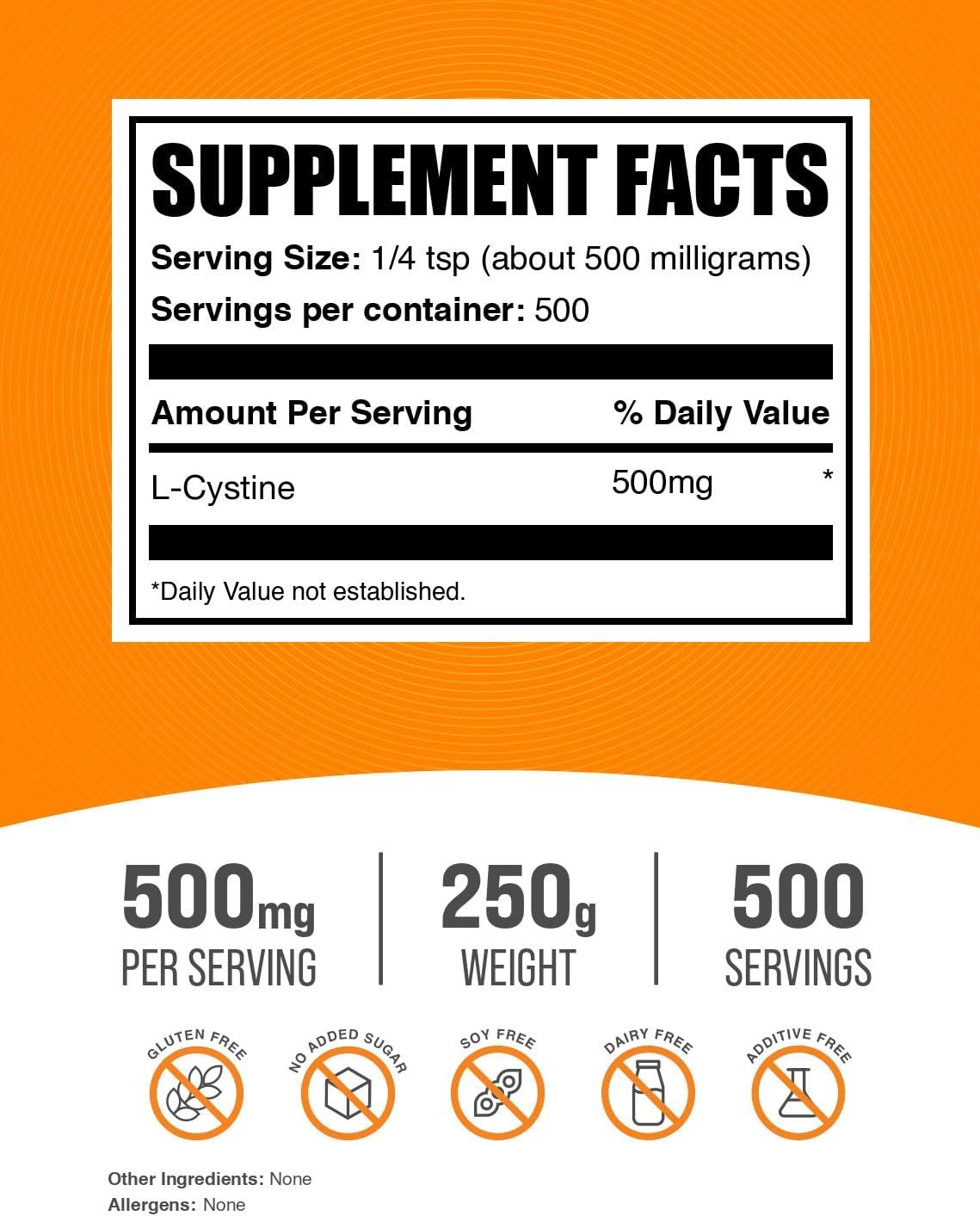 BulkSupplements.com L-Cystine Powder - 500mg per Serving, 250g - görsel 2