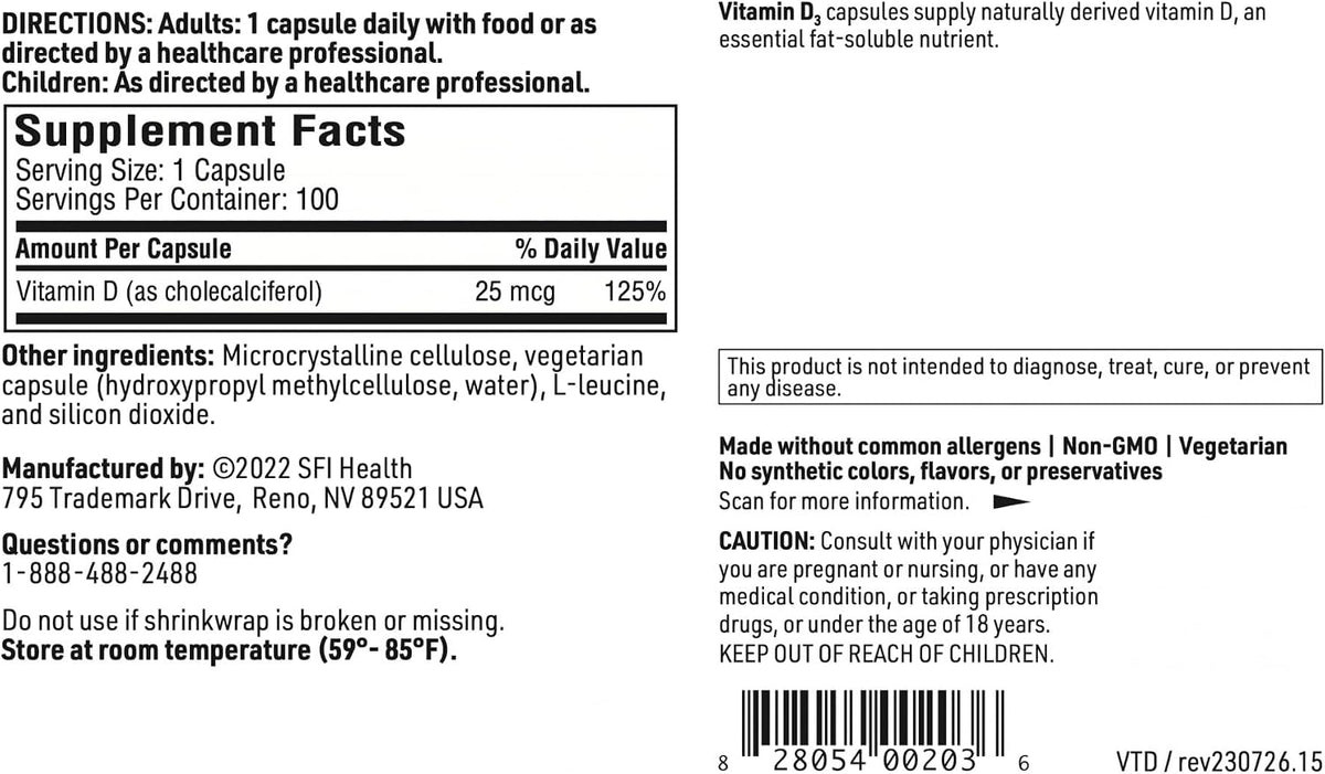Klaire Labs SFI Health Vitamin D3 1000 IU – High Potency 25 mcg, Hypoallergenic Bone & Immune Support (100 Capsules) - görsel 5