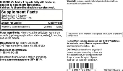 Klaire Labs SFI Health Vitamin D3 1000 IU – High Potency 25 mcg, Hypoallergenic Bone & Immune Support (100 Capsules)