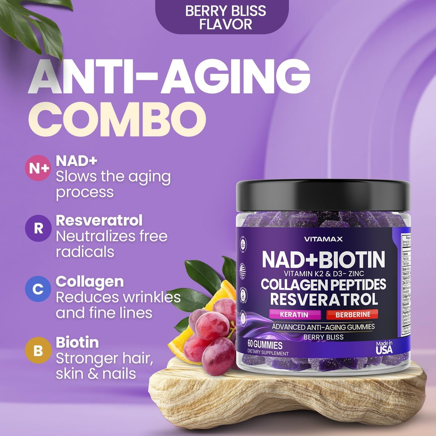 Vitamax NAD+ Resveratrol Berberine & Biotin Anti-Ageing Gummy - Hair, Skin, Nails & Joint Support - 60 Count - görsel 4