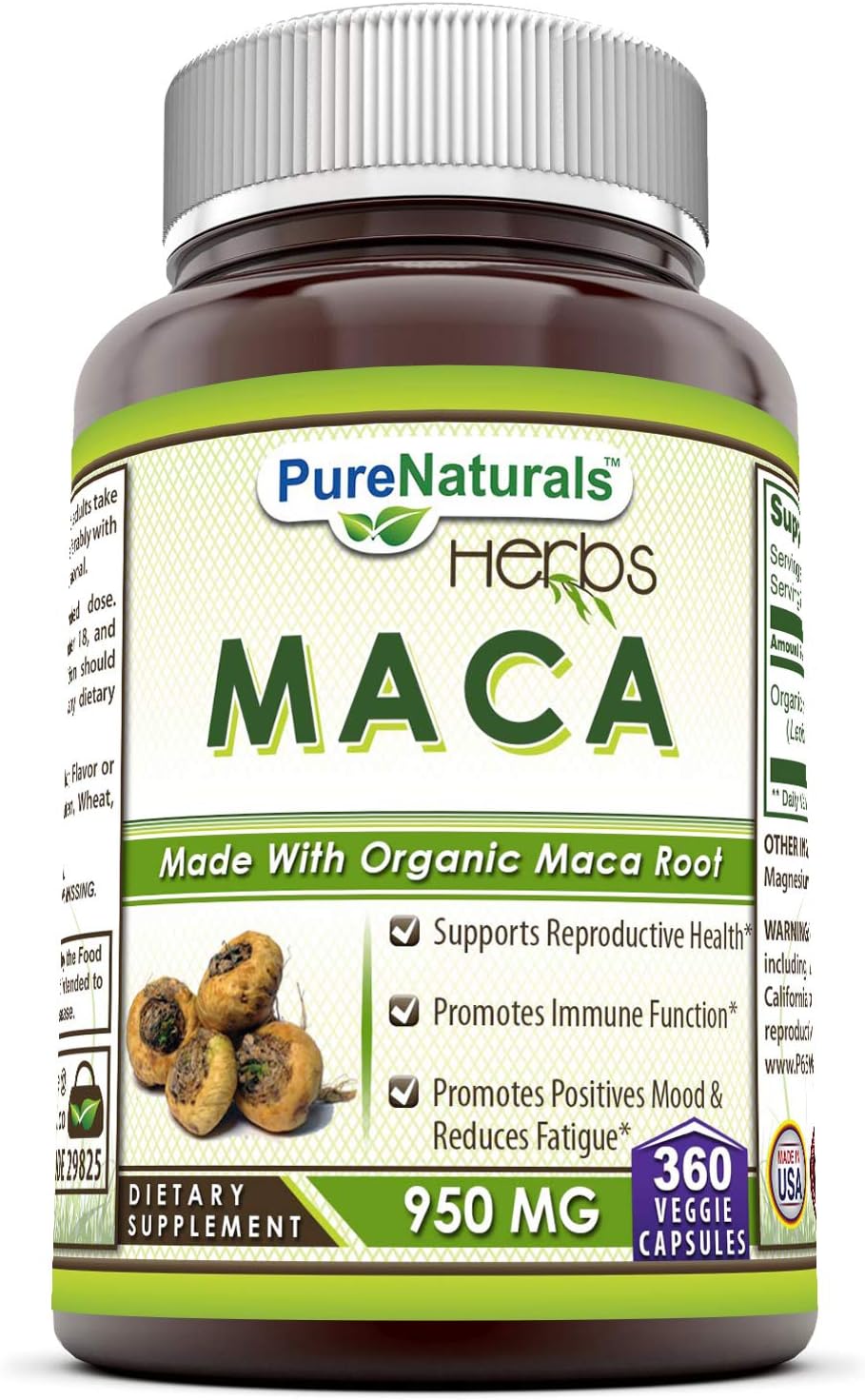 Pure Naturals Maca Supplement | 950 mg Per Serving | 360 Veg Capsules | Non-GMO | Gluten-free | Made in USA - görsel 1