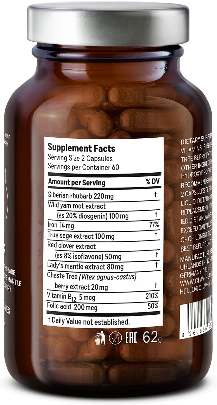 CLAV® Natural Hormone Balance for Women – PMS Relief with Siberian Rhubarb, Wild Yam & Chasteberry – Vegan Menstrual Regulator Supplement – 120 Capsules - görsel 10