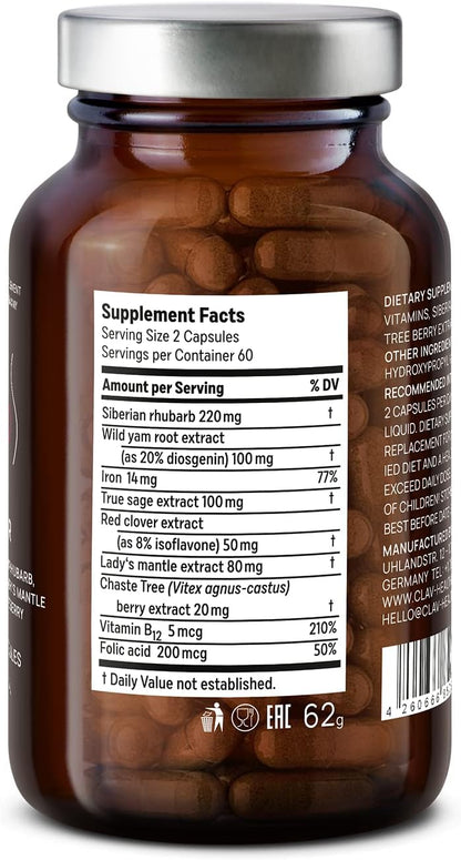 CLAV® Natural Hormone Balance for Women – PMS Relief with Siberian Rhubarb, Wild Yam & Chasteberry – Vegan Menstrual Regulator Supplement – 120 Capsules
