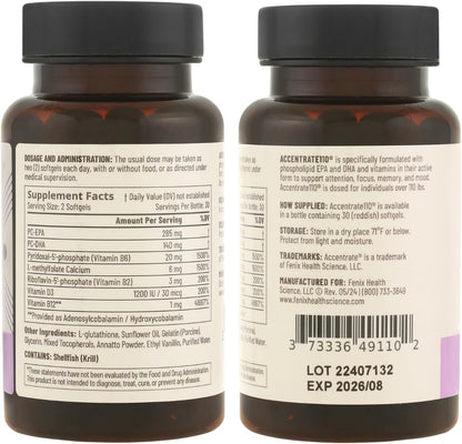 Accentrate110 - Focus Food Supplement - Methylated Vitamin B Complex with Omega-3 Fatty Acid Supplement – 60 Soft gel capsule Capsules