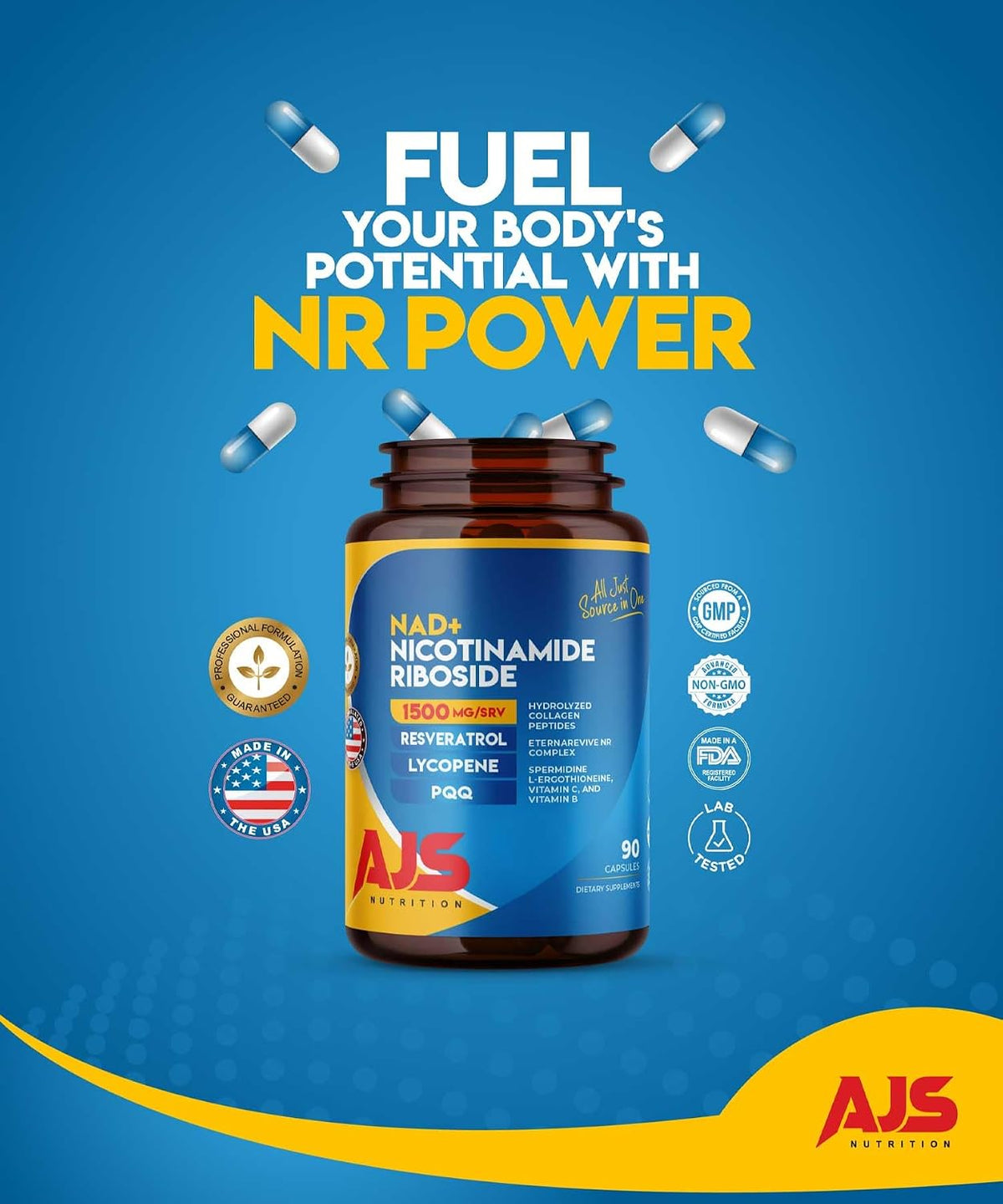 AJS NAD+ Cellular Energy – NR Supplement with PQQ, Resveratrol, Lycopene, L-Ergothioneine, and Collagen Peptides – 90 Capsules for Cellular Support - görsel 7