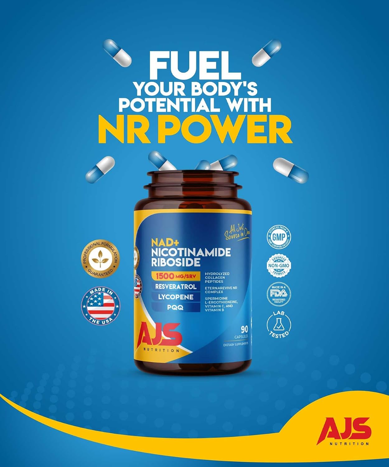 AJS NAD+ Cellular Energy – NR Supplement with PQQ, Resveratrol, Lycopene, L-Ergothioneine, and Collagen Peptides – 90 Capsules for Cellular Support - görsel 7