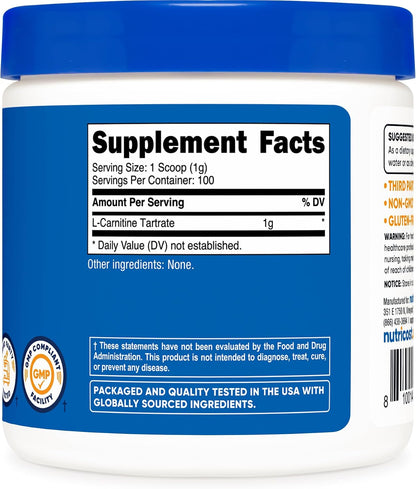 Nutricost L-Carnitine Tartrate Powder (100 g) – 1 Gram per Serving, 100 Servings