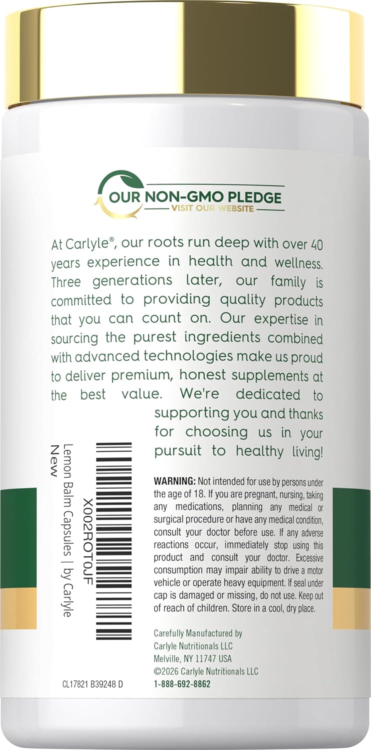 Carlyle Lemon Balm Capsules - 200 Count - Melissa Leaf Traditional Herbal Supplement - Super-Concentrated Extract - Non-GMO and Gluten-free - görsel 3
