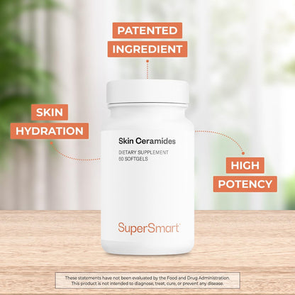 SuperSmart Skin Ceramides (Patented) - with Wheat Ceramides, Zinc - LipoWheat Phytoceramides Supplement - Skin Hydration and Protection | Non-GMO - 60 Softgels