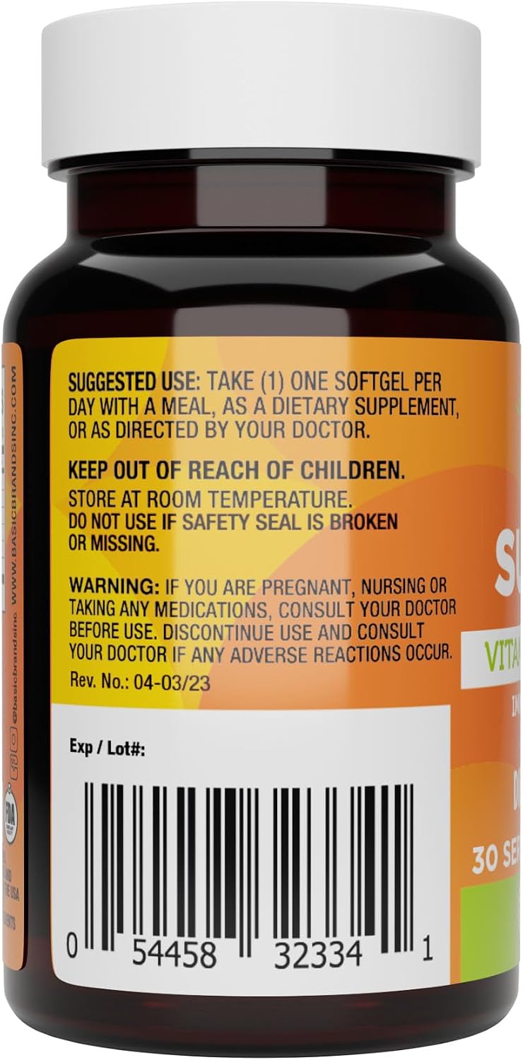 Basic Brands Happy Sunshine Vitamin D3 1000 IU (25 mcg) – Immune Support, Bone & Muscle Health – Gluten-free, Non-GMO – 30 Softgels - görsel 3
