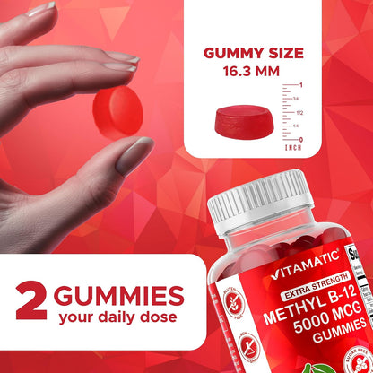 Vitamatic Extra Strength Vitamin B12 5000 mcg (Methyl B12) Gummies – Natural Cherry Flavour – 120 Count
