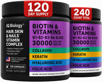 IQ BIOLOGY Biotin 10,000 µg Supplement with Collagen & Keratin for Hair, Skin & Nails - 60 Capsules – Image 10