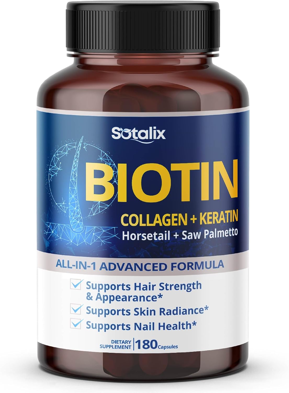 SOTALIX Biotin with Collagen + Keratin, Horsetail & Saw Palmetto - Hair, Skin & Nails Support (180-Day Supply) - görsel 1