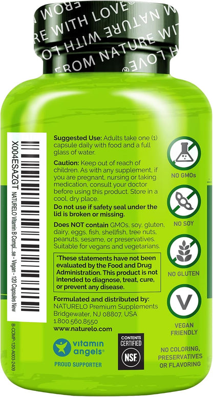 NATURELO Vitamin B Complex – Vegan, Methylated B Vitamins with CoQ10 & Fruit & Veg Blend, 120 Capsules