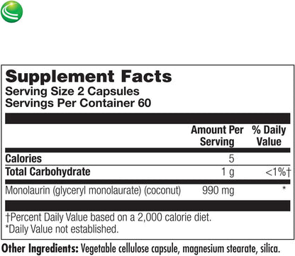 Nutra BioGenesis Monolaurin - 1000mg Vegan Capsules, 120 Capsules
