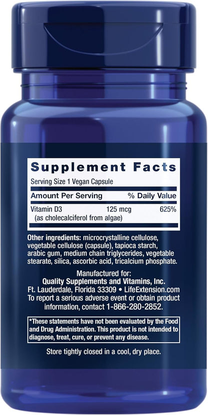 Life Extension Vegan Vitamin D3, 125 mcg (5000 IU), 60 Capsules