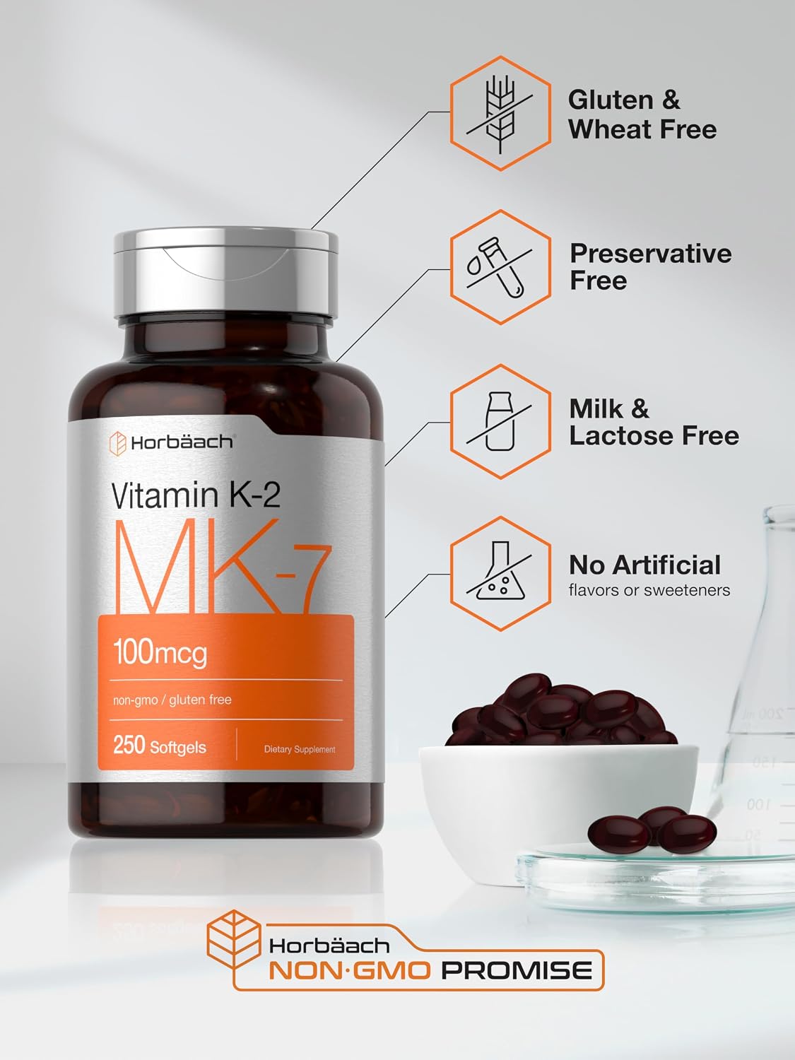 Horbäach Vitamin K2 MK7 100mcg | 250 Softgels | Non-GMO, Gluten-free Supplement - görsel 5