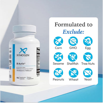 XYMOGEN B Activ - B Vitamins Food Supplement for Carbohydrate Metabolism Support - Supports Nervous System & Immune Function - Gluten-Free & Vegetarian - 90 Capsules
