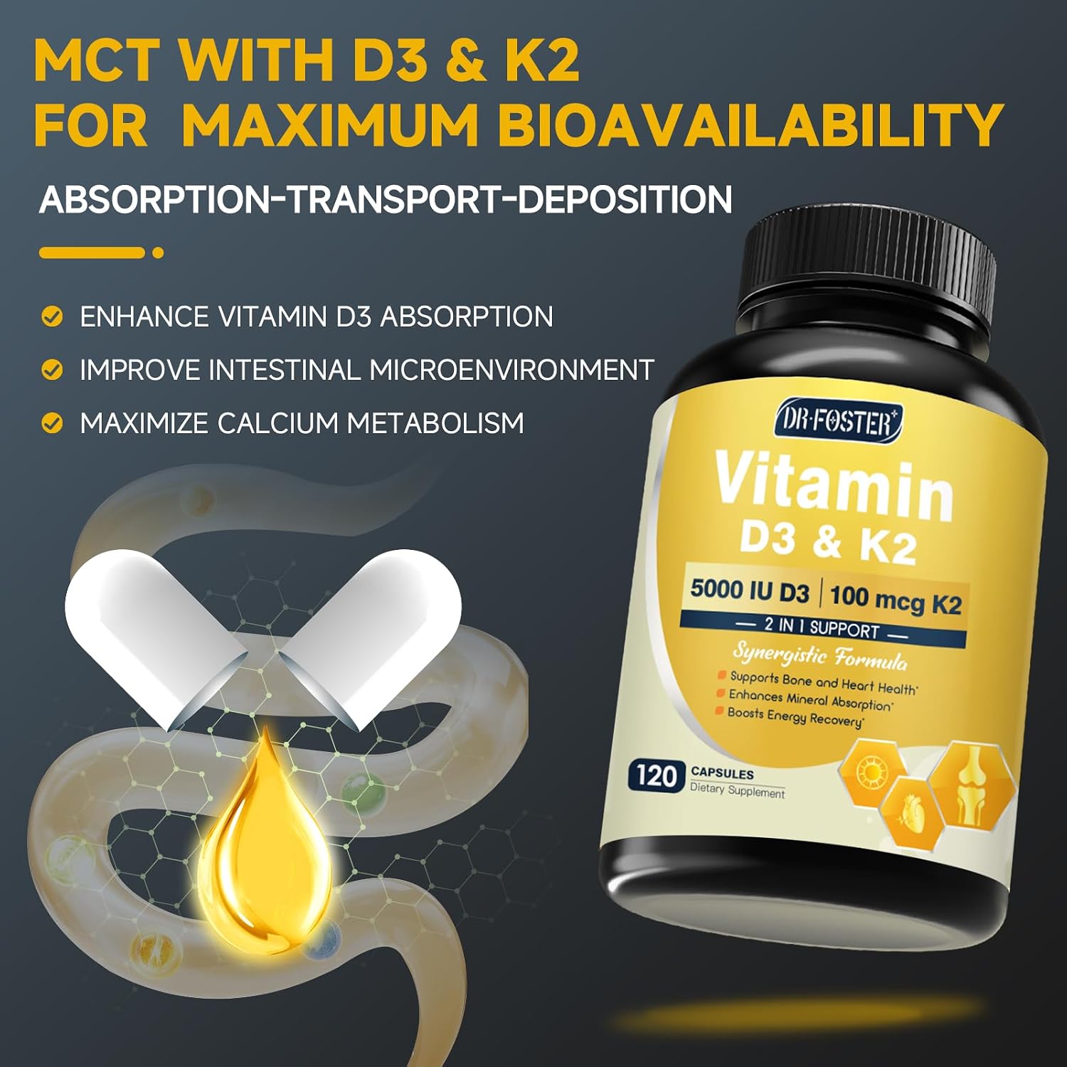 DRFOSTER Vitamin D3 K2 - High-Strength 5000IU D3 & 100mcg MK7 - Bone & Immune Support - with Zinc, Boron & MCT - 120 Vegan Capsules - görsel 4