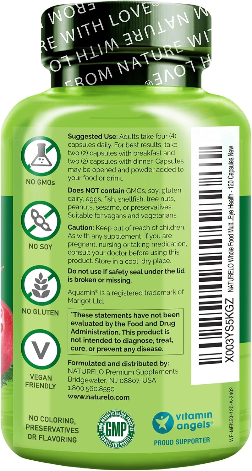 NATURELO Whole Food Multivitamin for Men 50+ - with Vitamins, Minerals, Organic Herbal Extracts - Vegan Vegetarian - for Energy, Brain, Heart and Eye Health - 120 Capsules - görsel 6