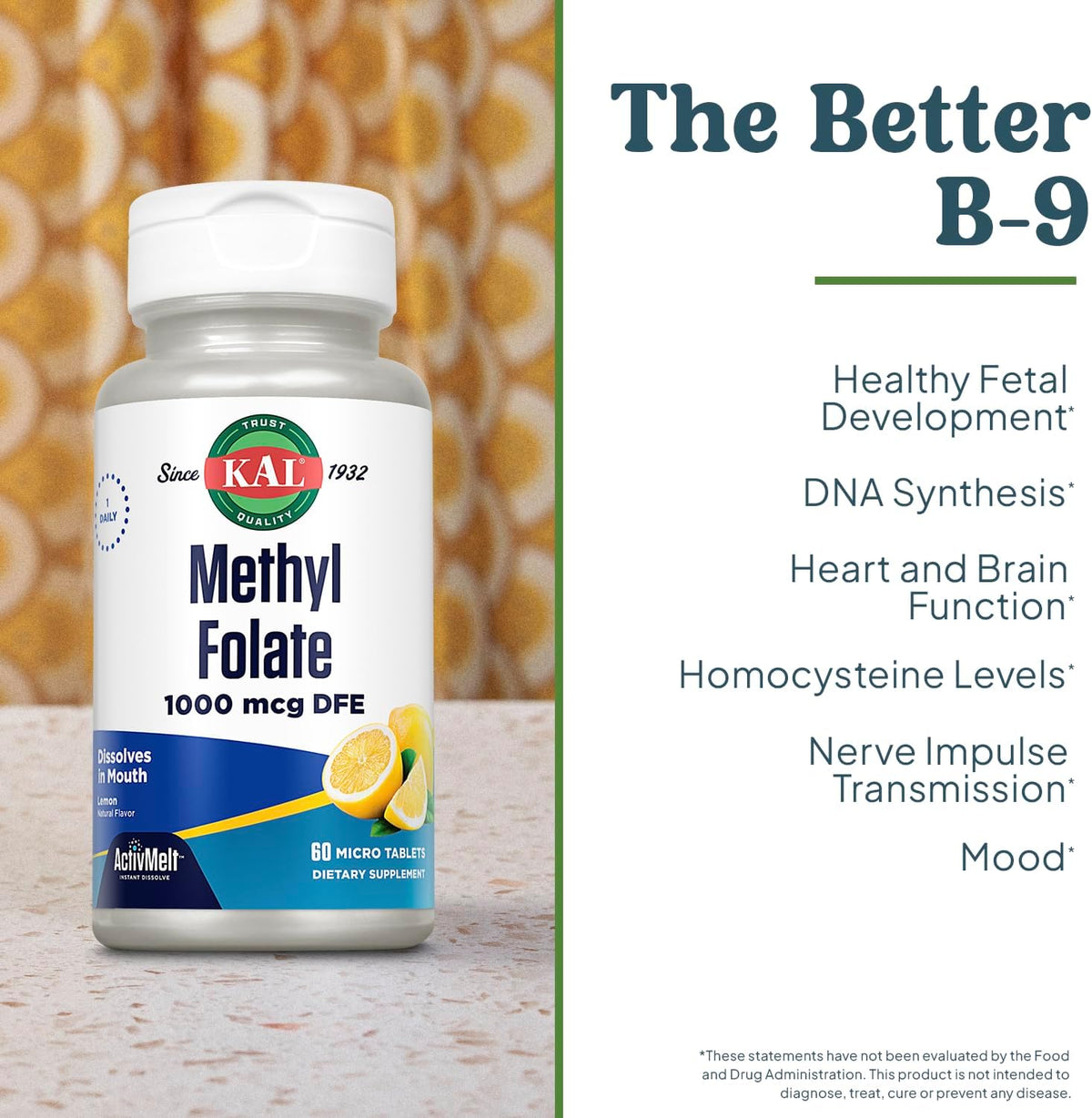 KAL Methyl Folate 1000 µg - Active 5-MTHF Supplement, Vegetarian Micro Tablets, Natural Lemon - 60 Count - görsel 3
