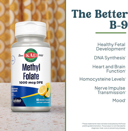 KAL Methyl Folate 1000 µg - Active 5-MTHF Supplement, Vegetarian Micro Tablets, Natural Lemon - 60 Count