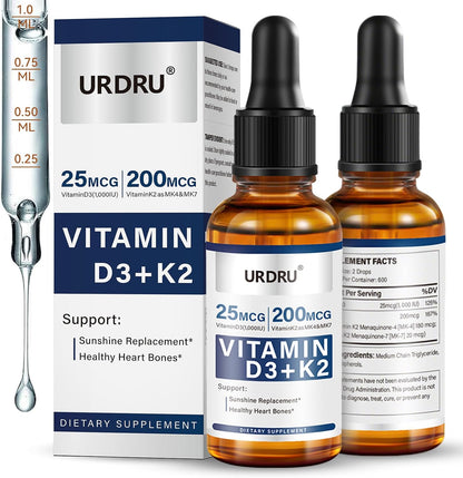 URDRU Organic Vitamin D3 K2 Liquid Drops - 1000 IU D3 & 200 mcg K2 - 30 ml Maximum Absorption Drops for Immune and Mood, Bone and Teeth Health