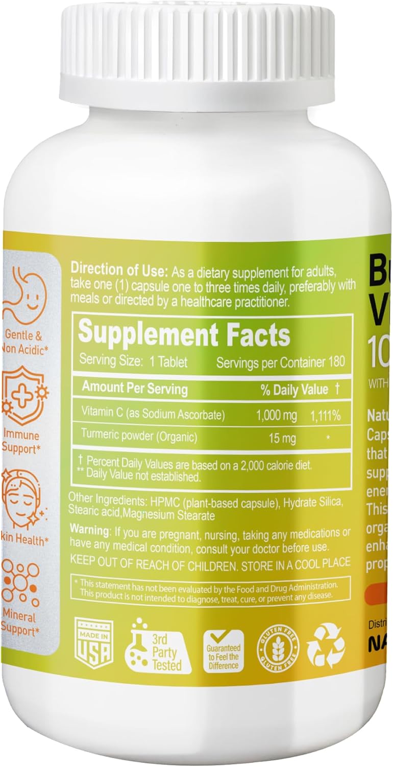 Buffered Vitamin C 1000 mg with Organic Turmeric - Supports Immune Function, Antioxidant, Healthy Skin & Joints - 180 Vegan Capsules - görsel 2