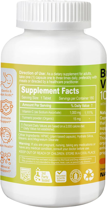 Buffered Vitamin C 1000 mg with Organic Turmeric - Supports Immune Function, Antioxidant, Healthy Skin & Joints - 180 Vegan Capsules