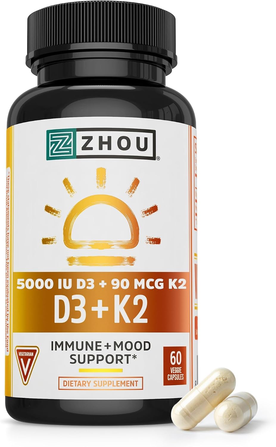 Vitamin D3 + K2 Supplement - 5000 IU D3 & 90 mcg MK-7 - 60 Vegetarian Capsules - görsel 1