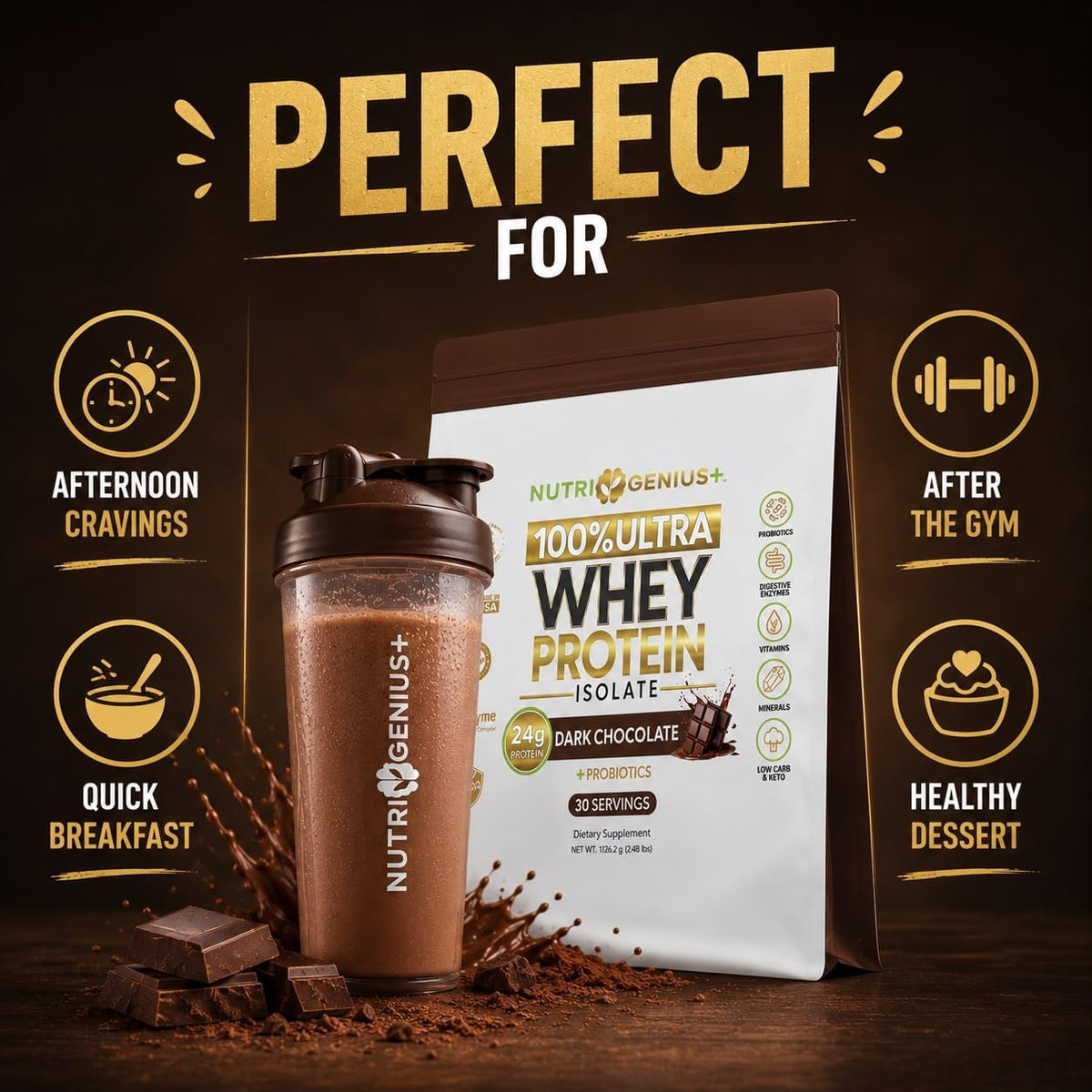 All-in-One Nutrition Whey Protein Isolate with Probiotics, Digestive Enzymes, Vitamins and Minerals, Chocolate, 30 Servings, Gluten-free, Keto Friendly, No Sugar - görsel 4
