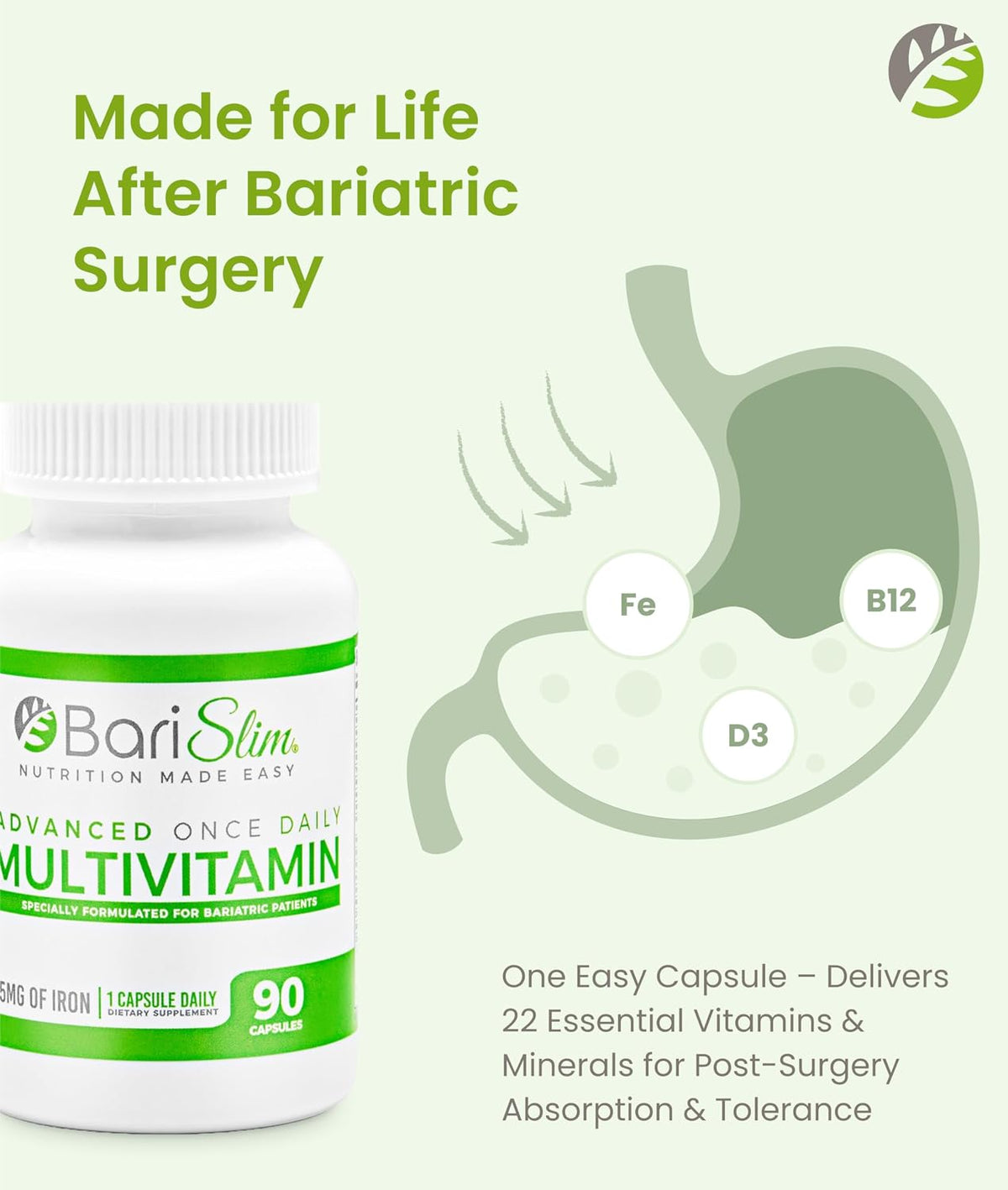 BariSlim Advanced Once Daily Bariatric Multivitamin Capsule - 45 mg of Iron - 90 Day Supply - görsel 5