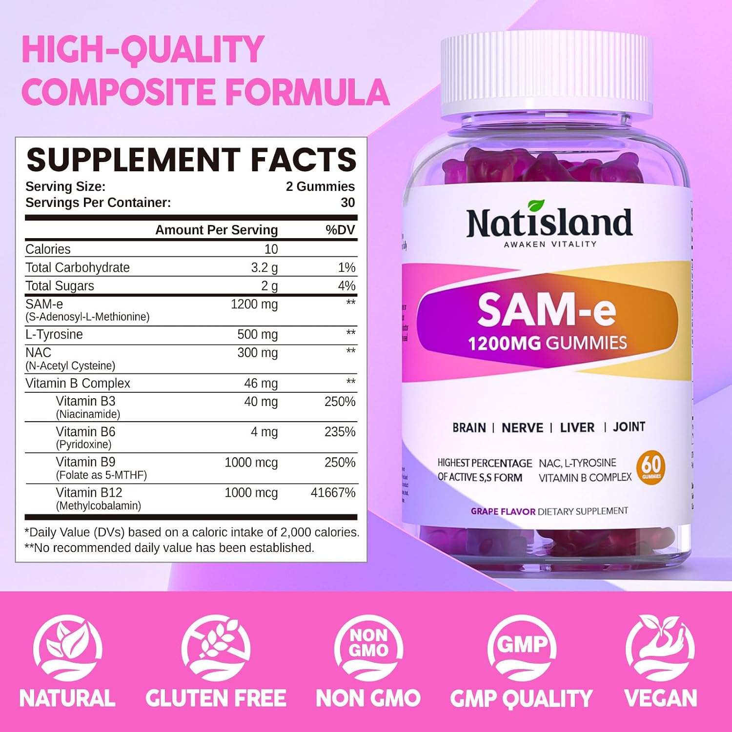 SAM-e with L-Tyrosine Gummies, Methylated B-Vitamin Complex & NAC - 60 Gummies - görsel 3